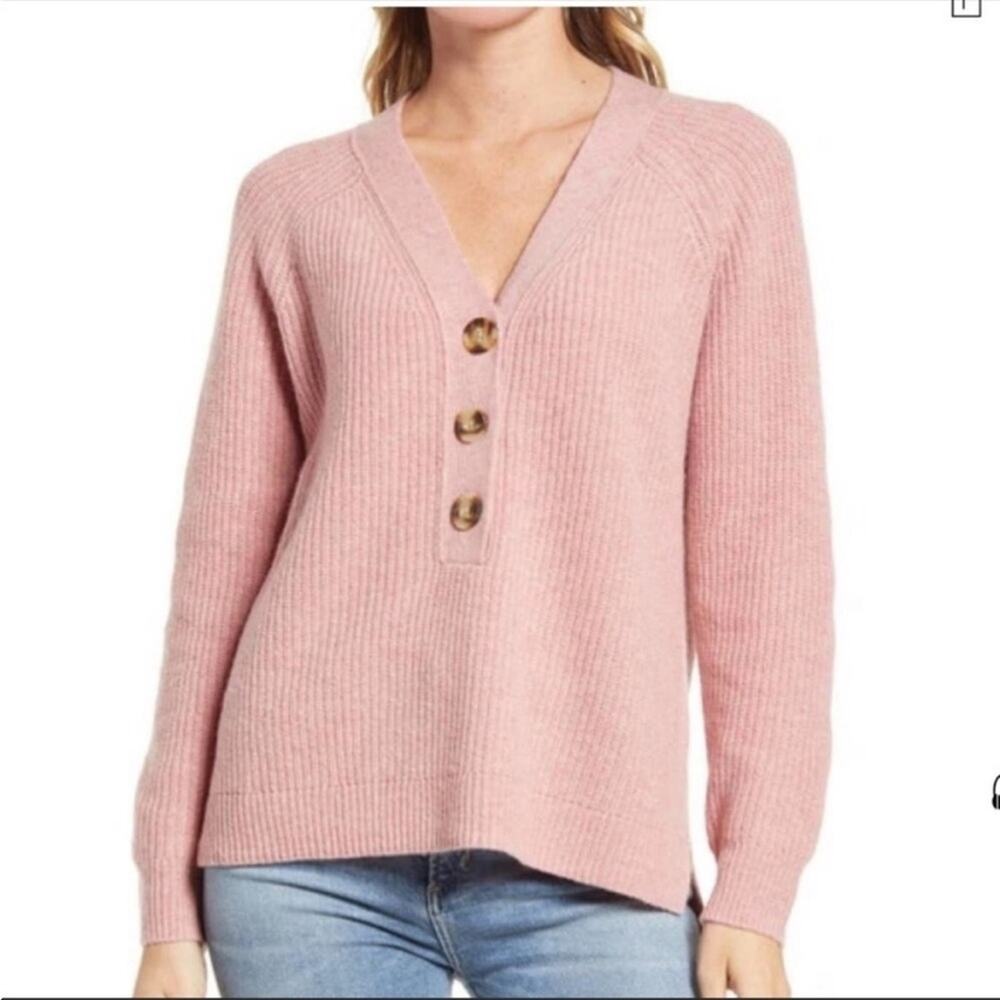Madewell Lyle henley pink ribbed wool blend three button sweater - Picture 1 of 7